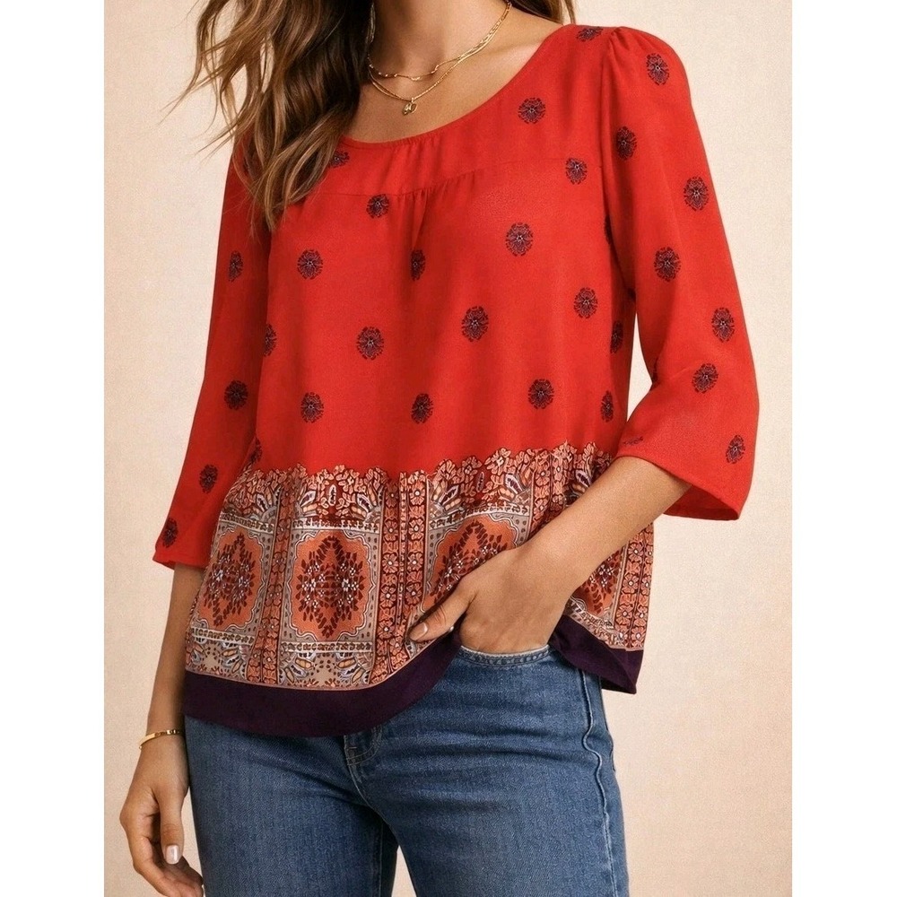 Maeve Anthropologie‎ Boho Peasant Blouse Womens 0 Red Medallion Border Top